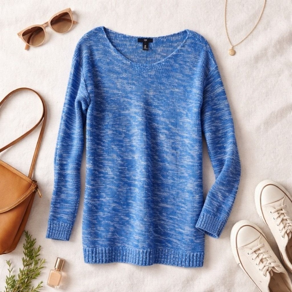 Gap Knit Sweater Womens Medium Blue Marled Space Dye Crew Neck Casual Tunic